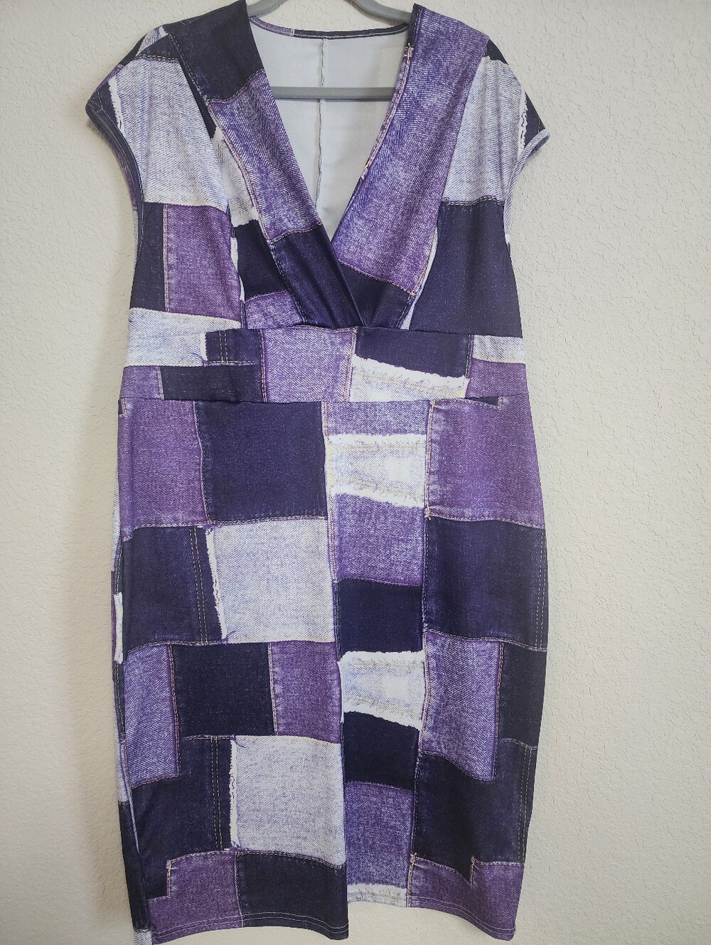 SHEIN Purple Patchwork V-Neck Sheath Dress